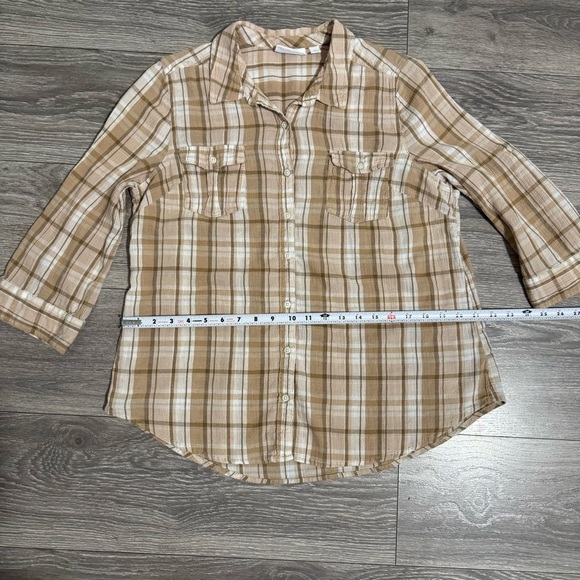 St. John's Bay Women Beige Plaid Collared 3/4 Sleeve Button Down Shirt Shirt L - Picture 12 of 13